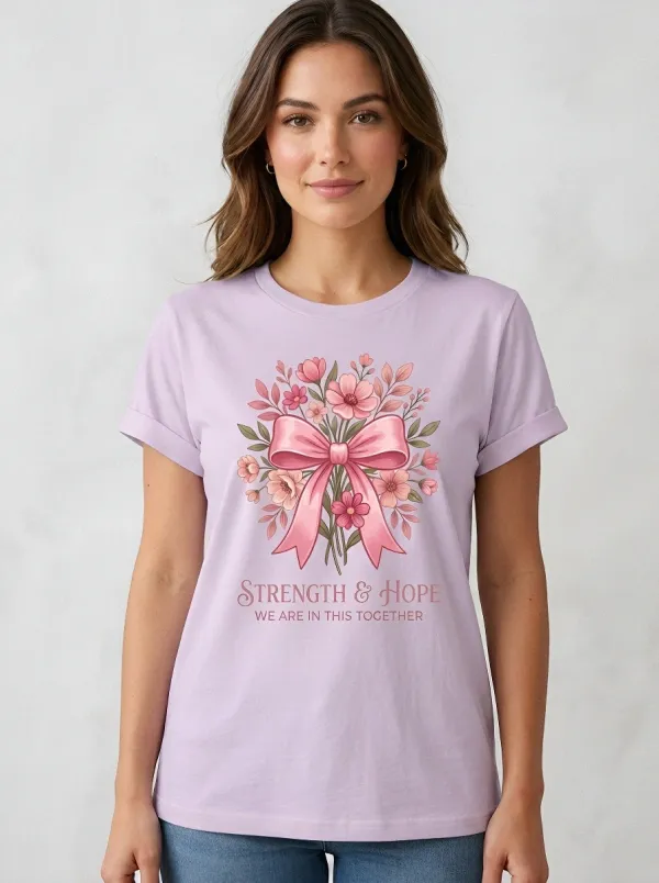 Women's Breast Cancer Awareness Floral Bow Printed T-shirt