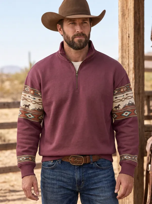 Men's Western Cowboy Horse Southwestern Quarter-Zip Sweatshirt