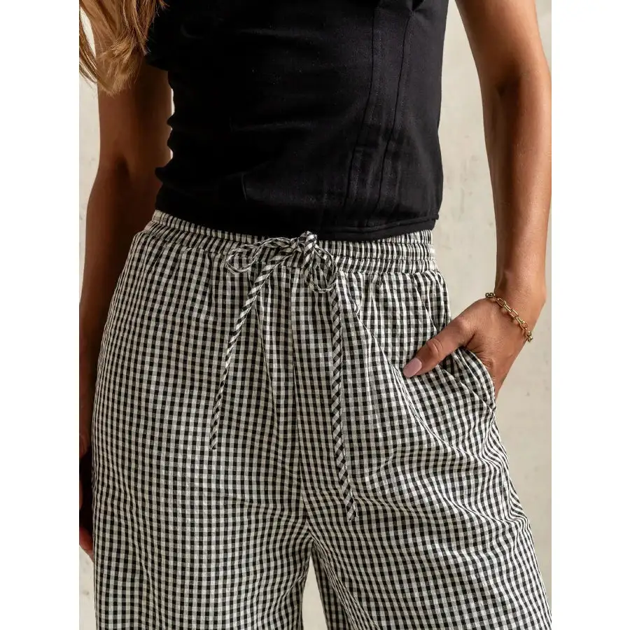 Gingham Print Wide Leg Casual Pants
