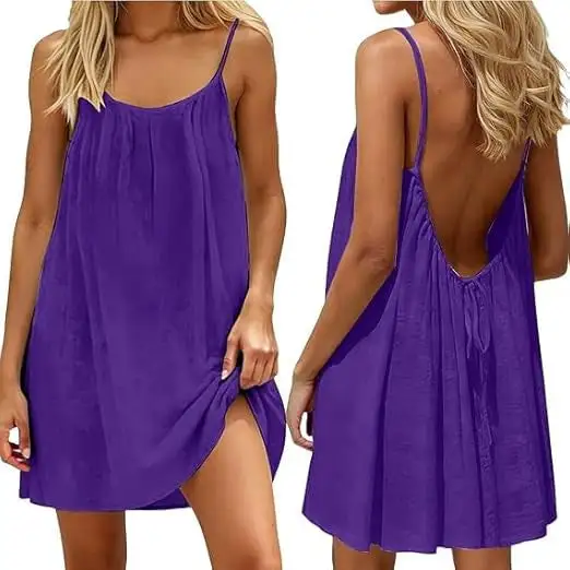 🌿Women's Summer Ruched Backless Cami Mini Dress, Spaghetti Strap A-Line Loose Fit Vacation Short Dress