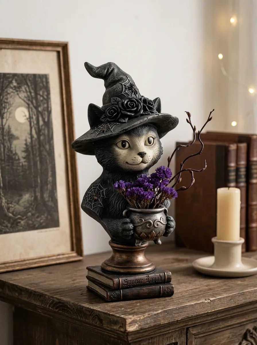 Halloween Gothic Witch Cat Rose Hat Cauldron Tabletop Figurine