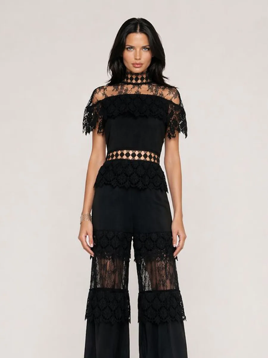 Ivana Elegant High-Neck Ruffled Short-Sleeved Lace Set