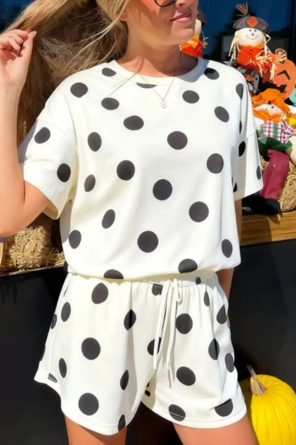 Drawstring Polka-Dot Two-Piece Tee and Shorts Set