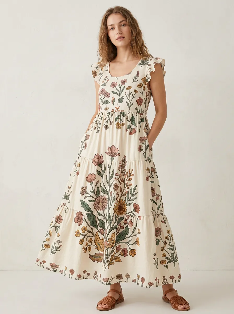 Vintage Botanical Floral Maxi Dress