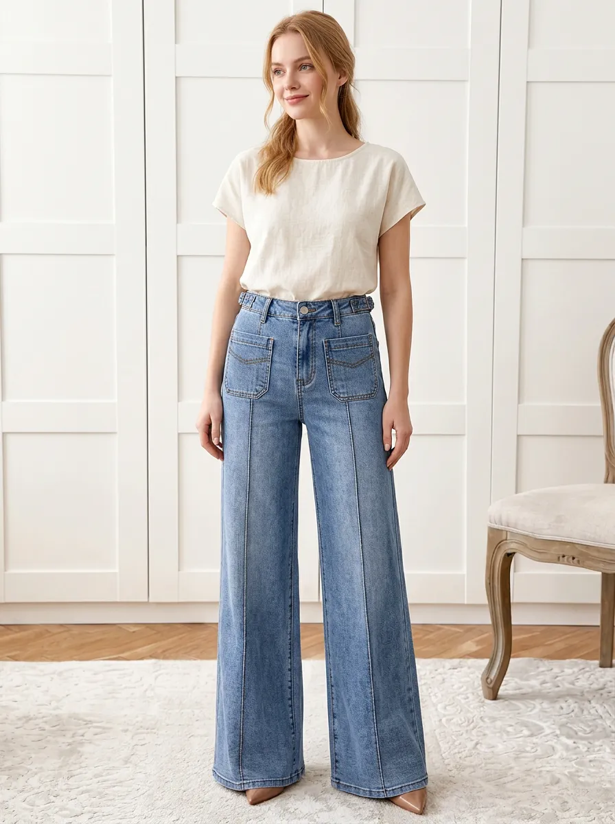 Women's Casual Fashion Wide Leg Pocketed Denim Jeans