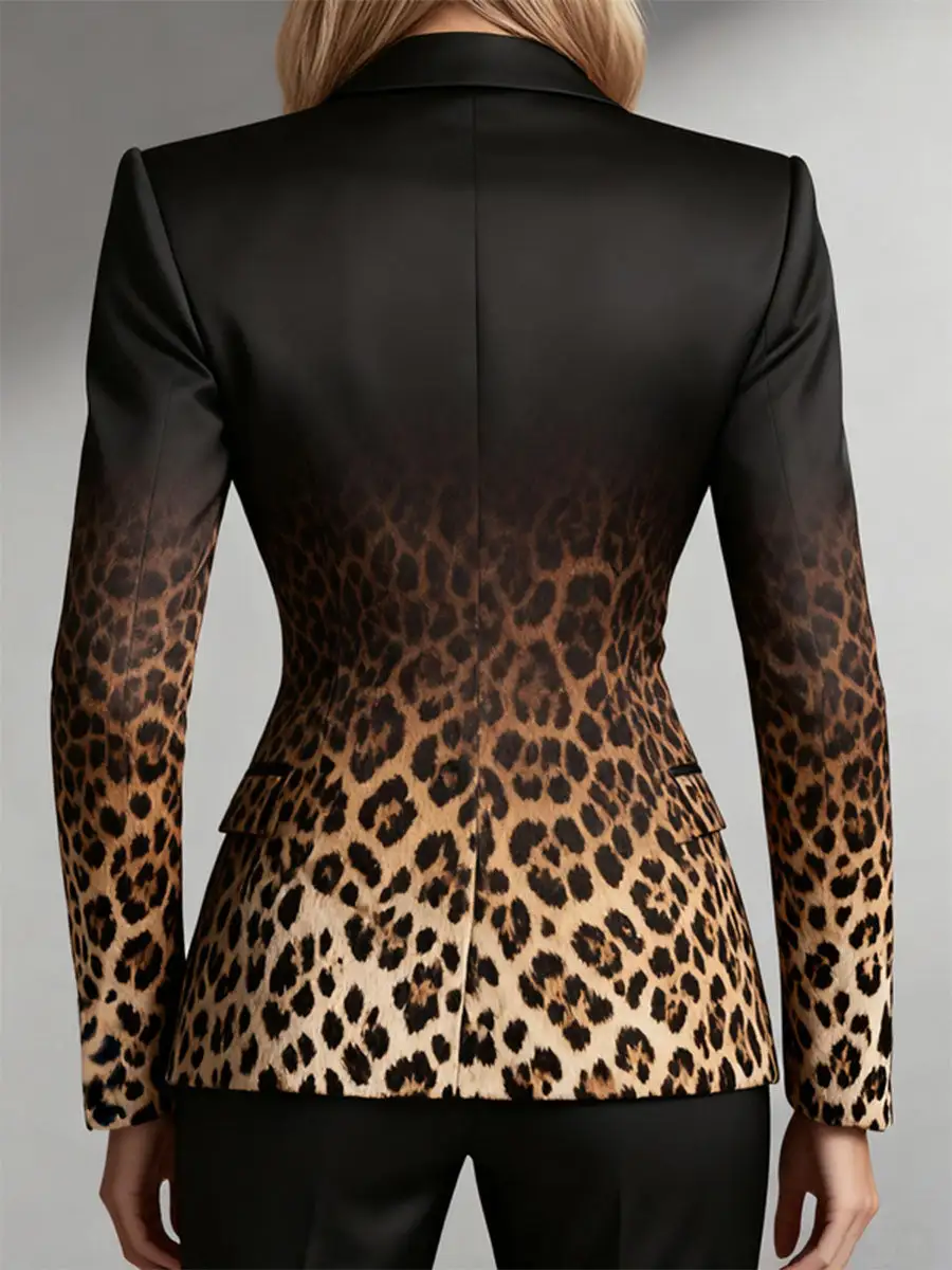 Long Sleeve Button Front Gradient Leopard Pocket Notched Blazer