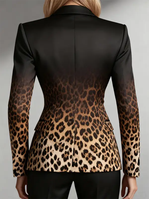 Long Sleeve Button Front Gradient Leopard Pocket Notched Blazer
