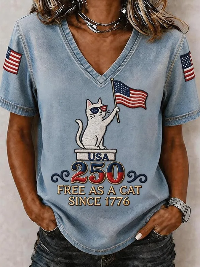 Women'S 250Th Anniversary Cartoon Cat Printed V-Neck T-Shirt