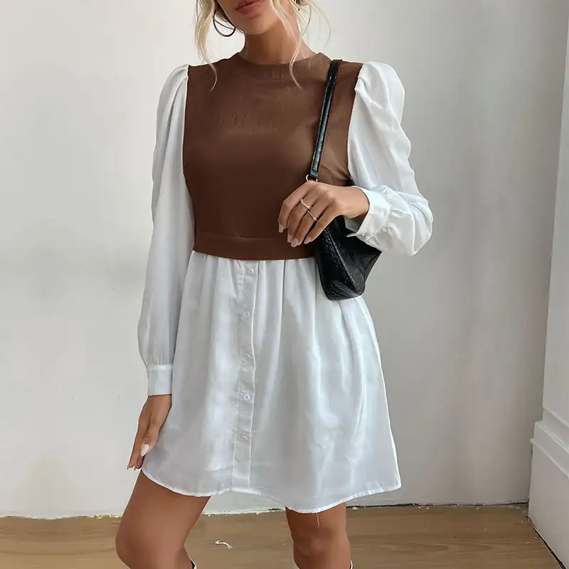 Women's Shirt Puff-Sleeve Button-Detail Dress