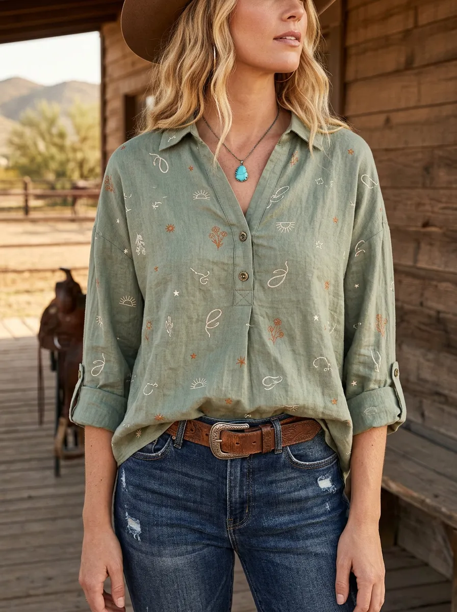 Women's Western Boho Cactus Sun Printed Cotton Linen Shirt