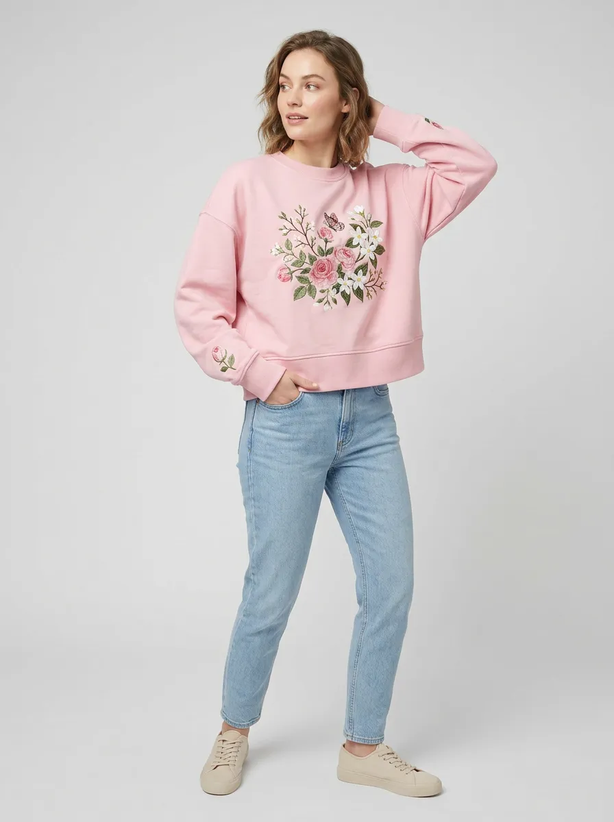 Women's Floral Lover Pink Rose Butterfly Embroidered Printed Sweatshirt