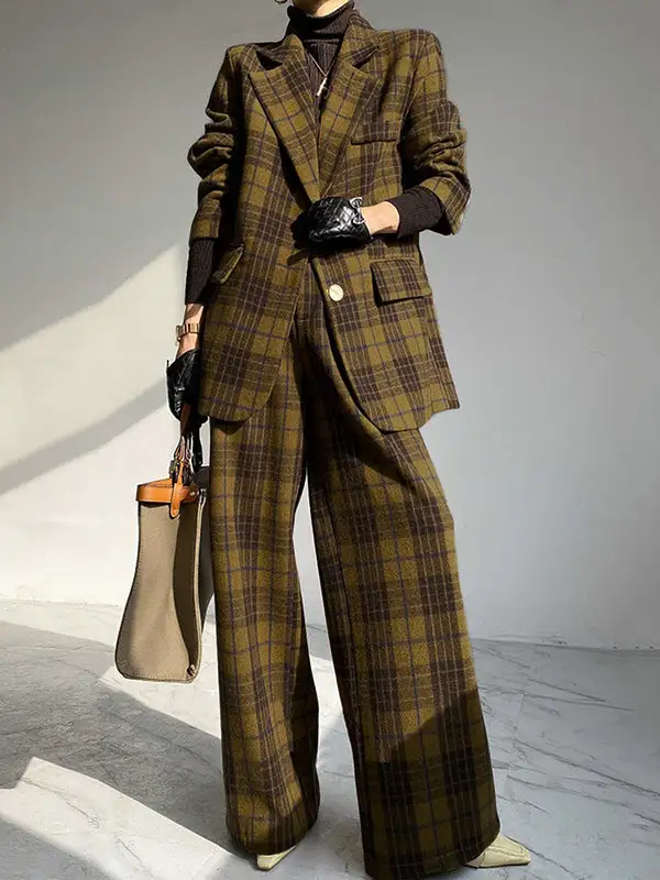 Plaid Split Lapel Jacket Textured Coat