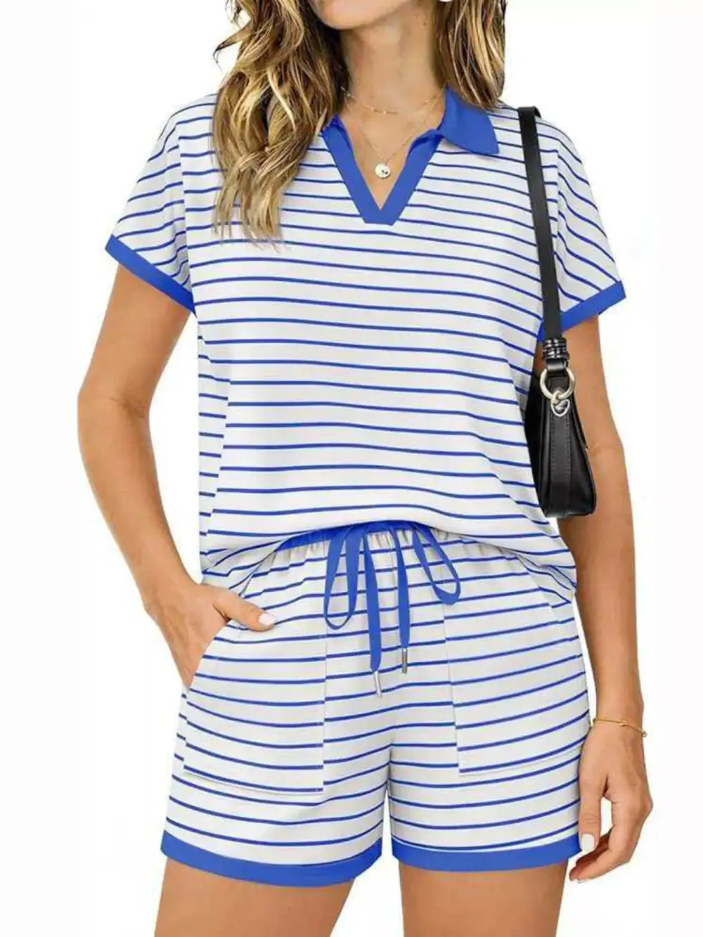 Striped Short Sleeve Polo Shorts Set