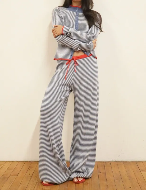Blue Cotton Blend Relaxed Wide Leg Pants