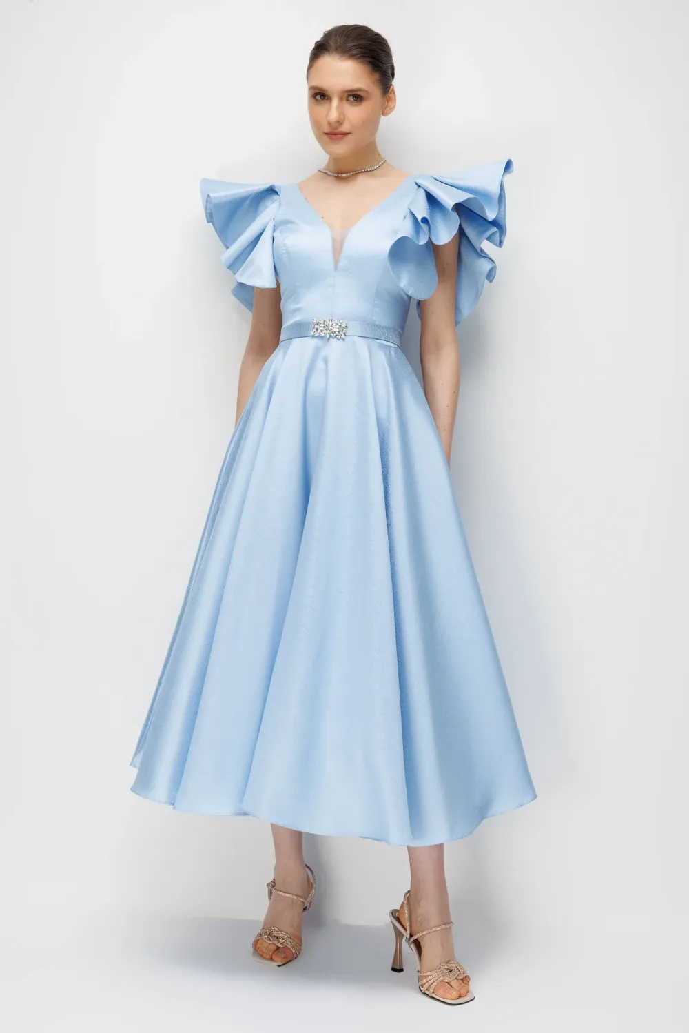Seren V-Neck Waist Cinched A-Line Midi Dress