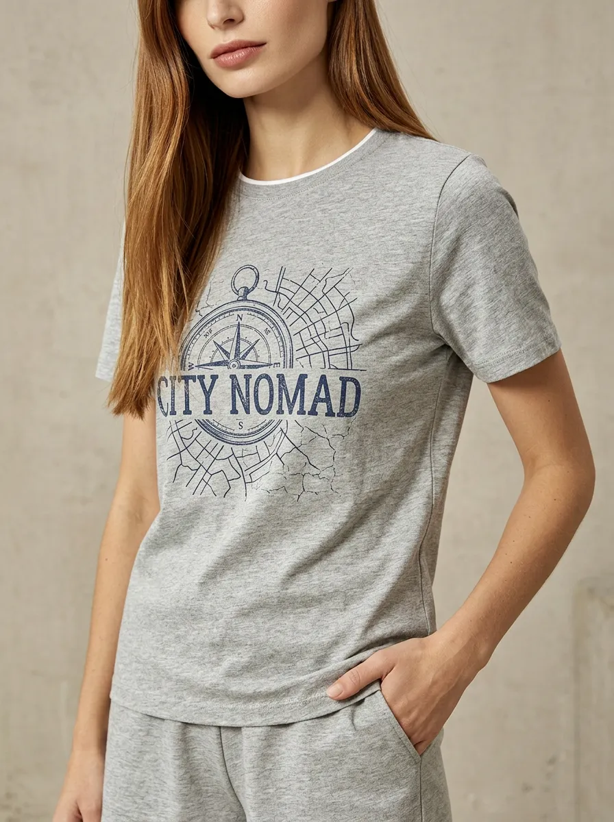 Women's City Nomad Travel Compass Map Printed T-shirt