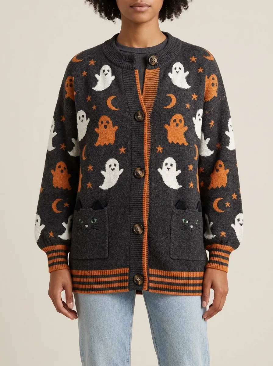 Women's Halloween Ghost Cat Moon Pattern Knitted Cardigan