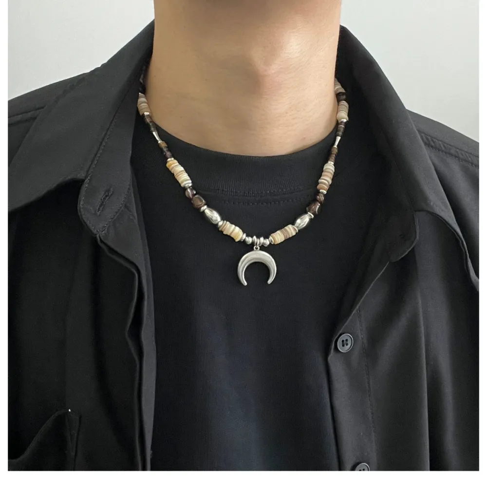 Stone Beaded Crescent Pendant Necklace