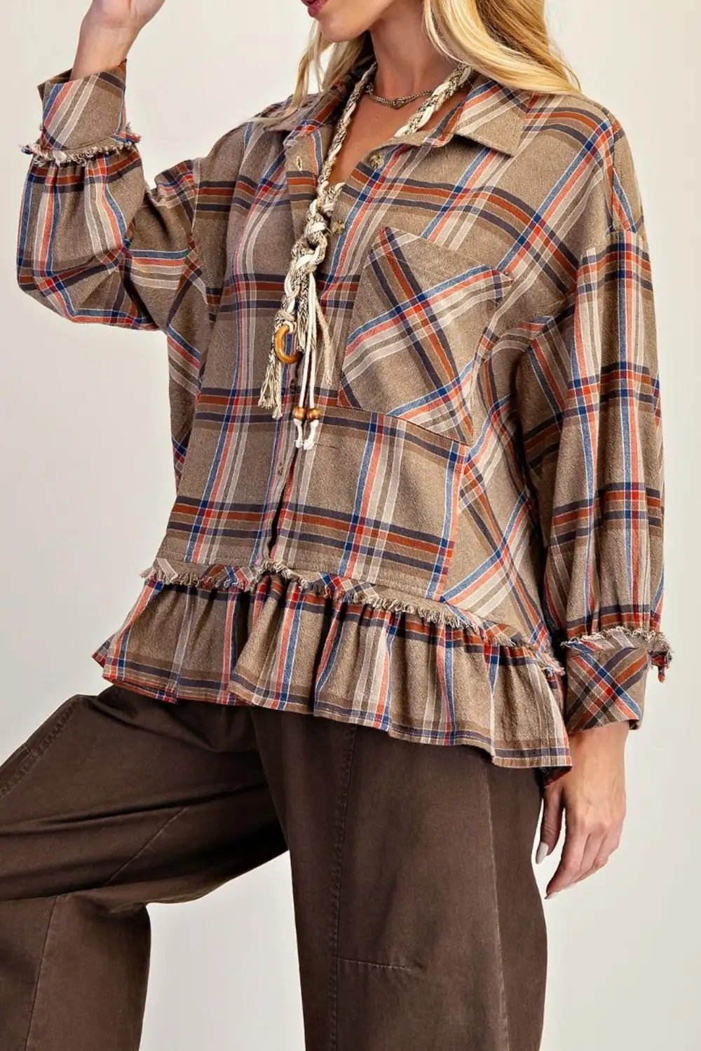 Plaid Button Down Collared Ruffle Shirt