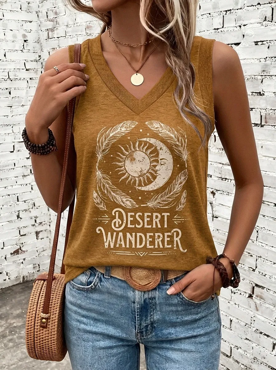 Women's Desert Wanderer Sun Moon Feather Printed Tank Top
