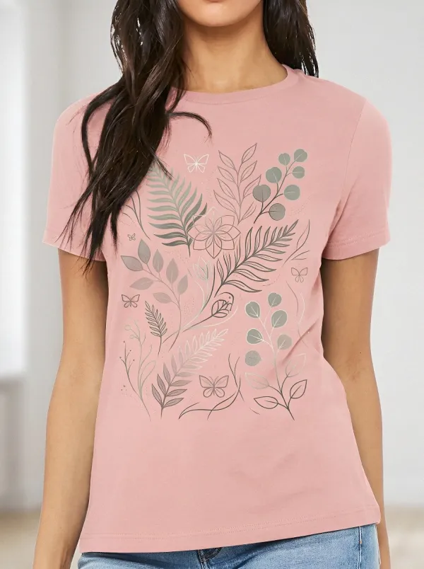 Women's Botanical Nature Lover Butterfly Floral Printed T-shirt