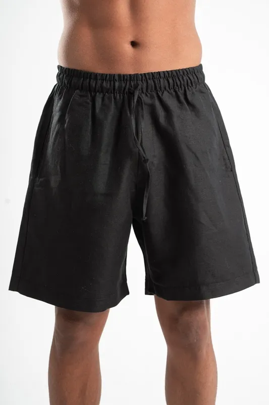 Black Linen Blend Pull On Shorts