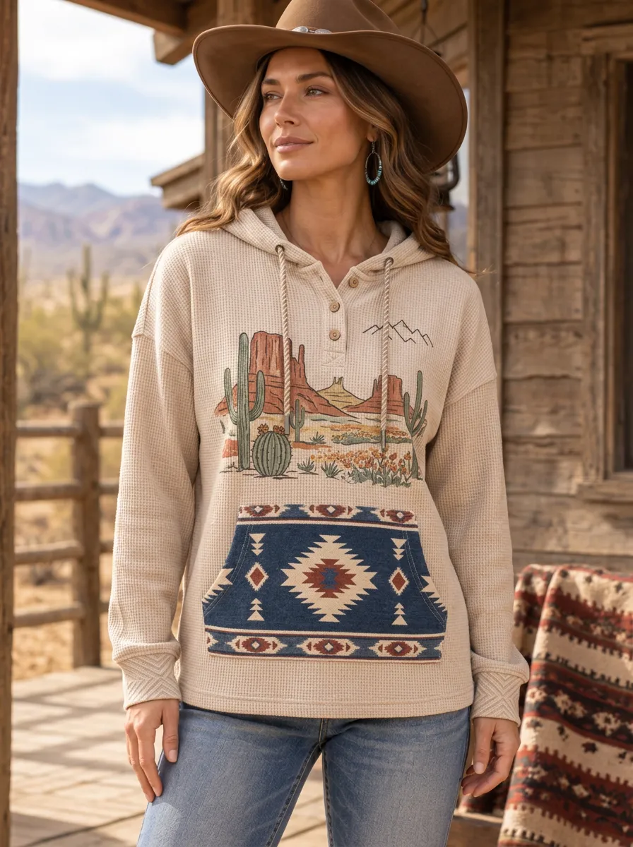 Women's Western Desert Cactus Aztec Pocket Printed Hoodie