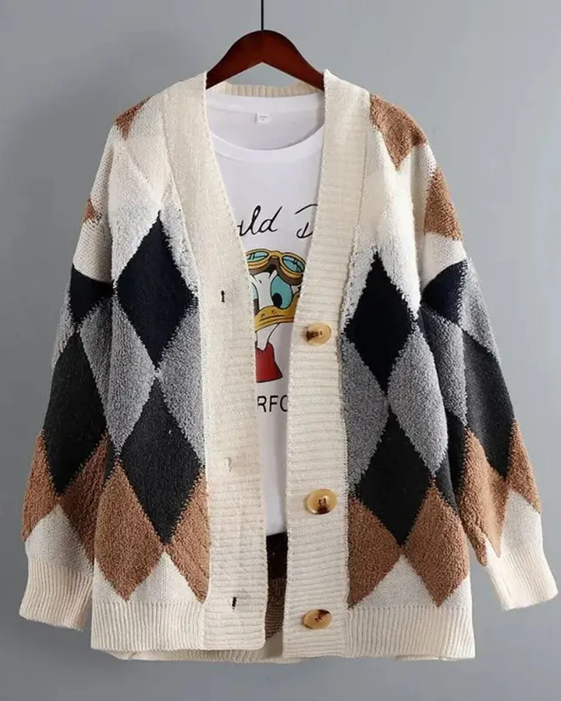Refined Acrylic-Blend Polyester-Blend Button-Front V-Neck Cardigan