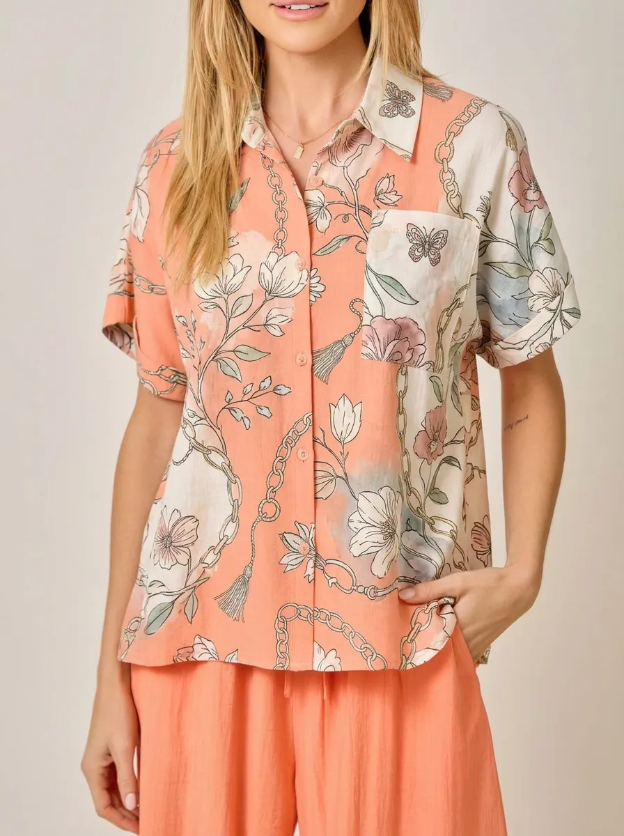Women's Floral Butterfly Chain Print Button Down Shirt