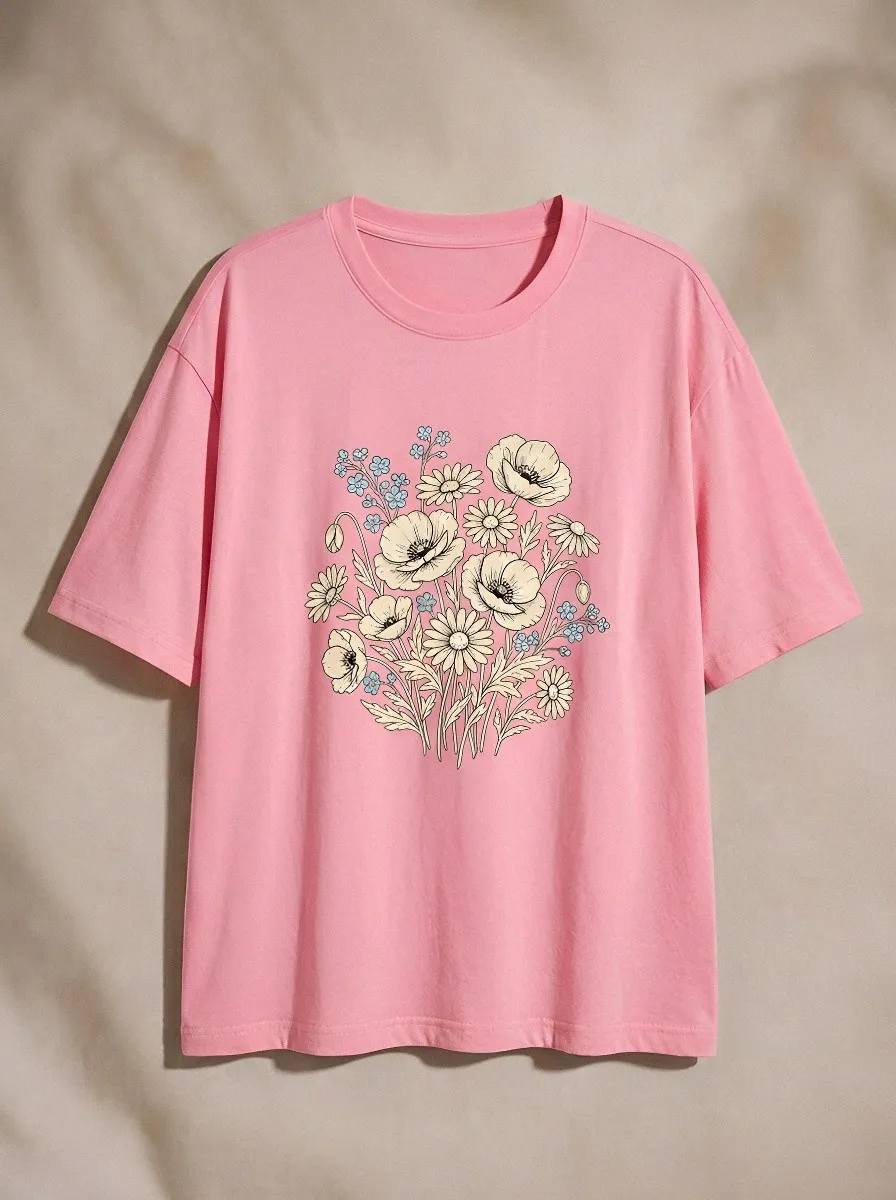 Women's Botanical Nature Lover Poppy Daisy Floral Printed T-shirt