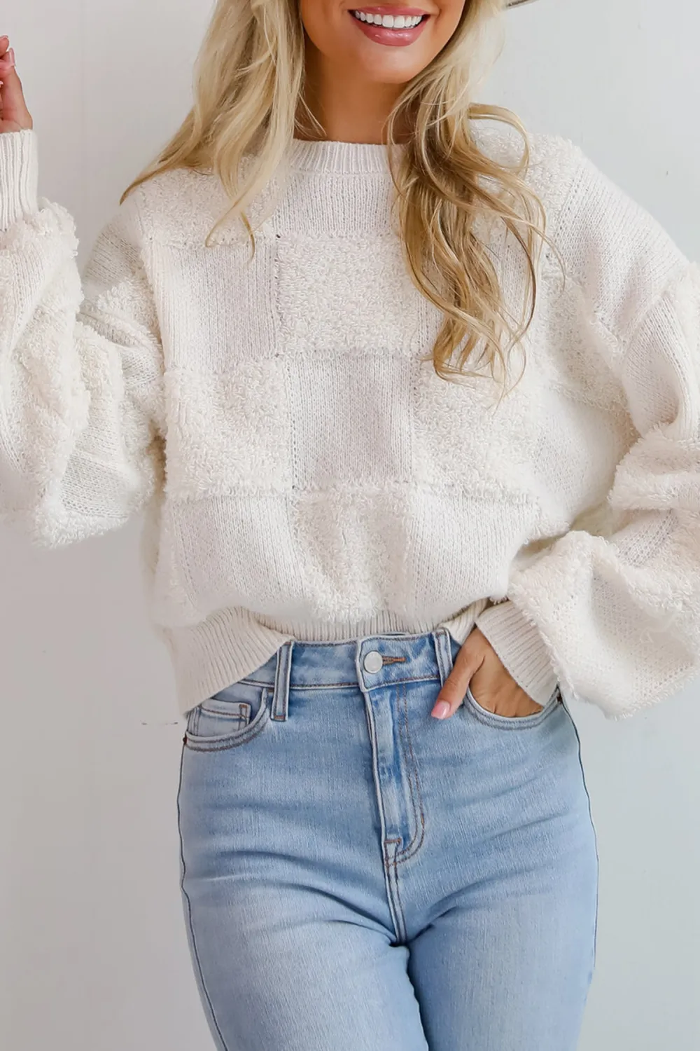 Cream Checkered Fuzzy Knit Sweater
