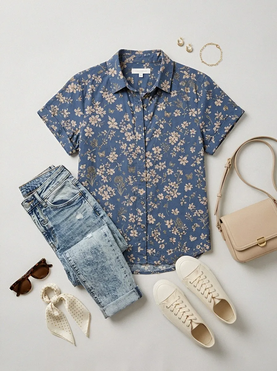 Women's Floral Butterfly Nature Printed Short Sleeve Button Shirt