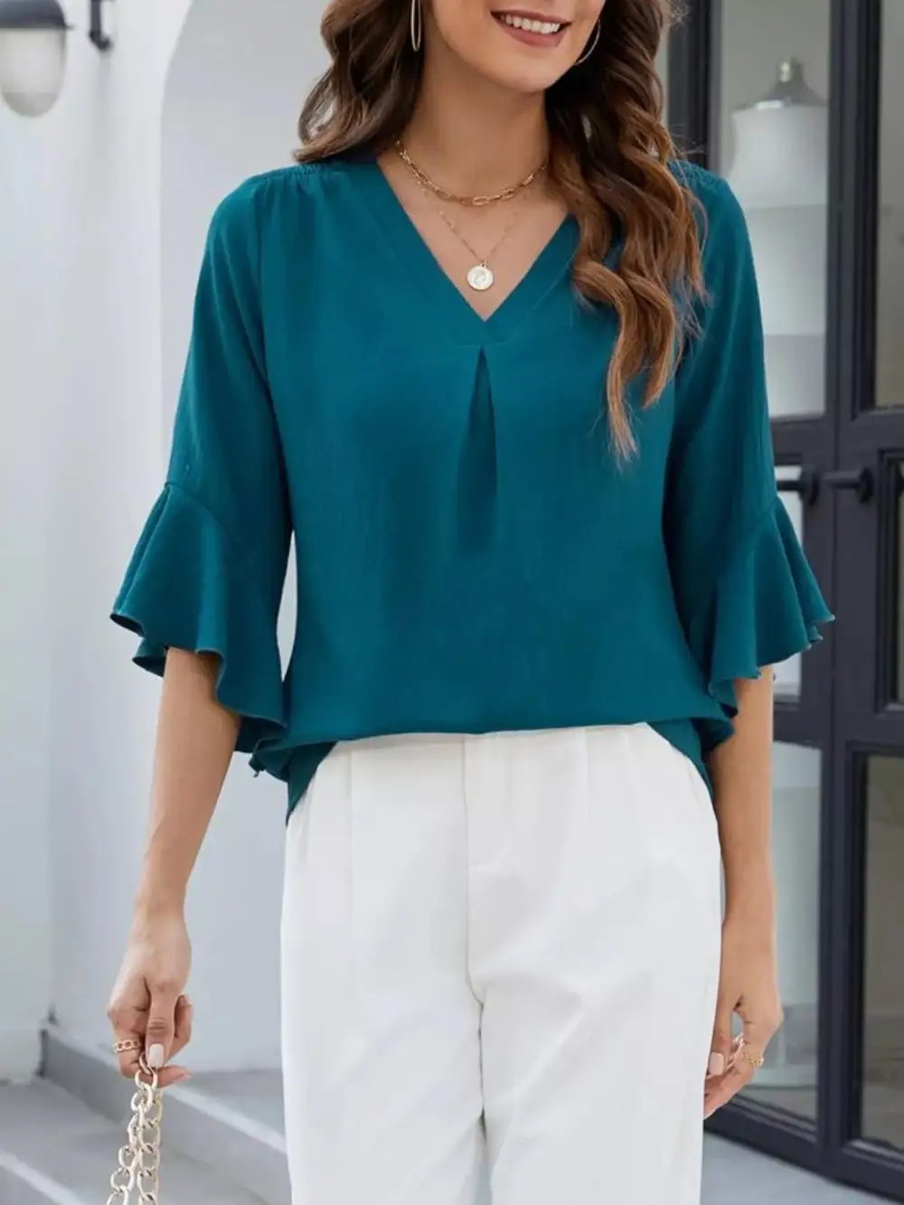 V Neck Ruffle Sleeve Blouse
