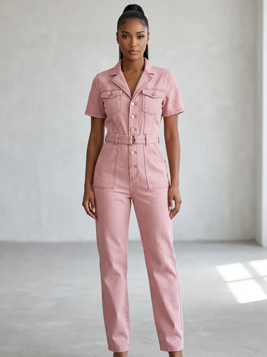 Pink Utility Short-Sleeve Belted Denim Jumpsuit