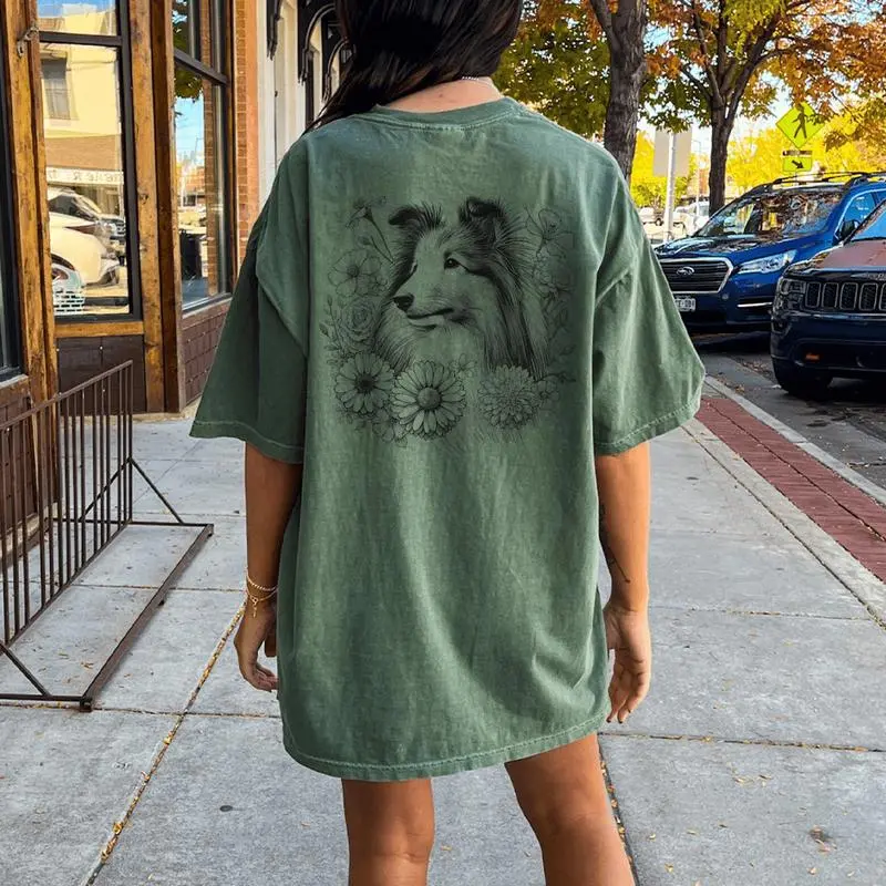 Floral Shetland Sheepdog Dog Sheltie Flower For Women Women's Oversized Comfort T-Shirt Back Print