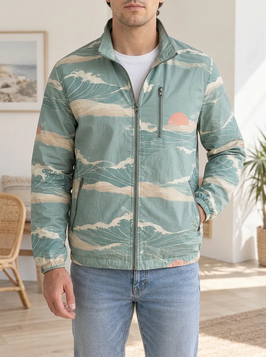Men's Japanese Ocean Wave Sunset Rugged Adventure Jacket