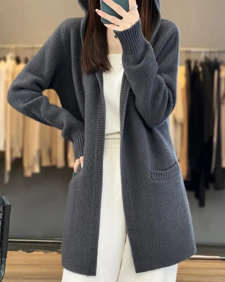 Merino-Wool Wool Hooded Longline Cardigan