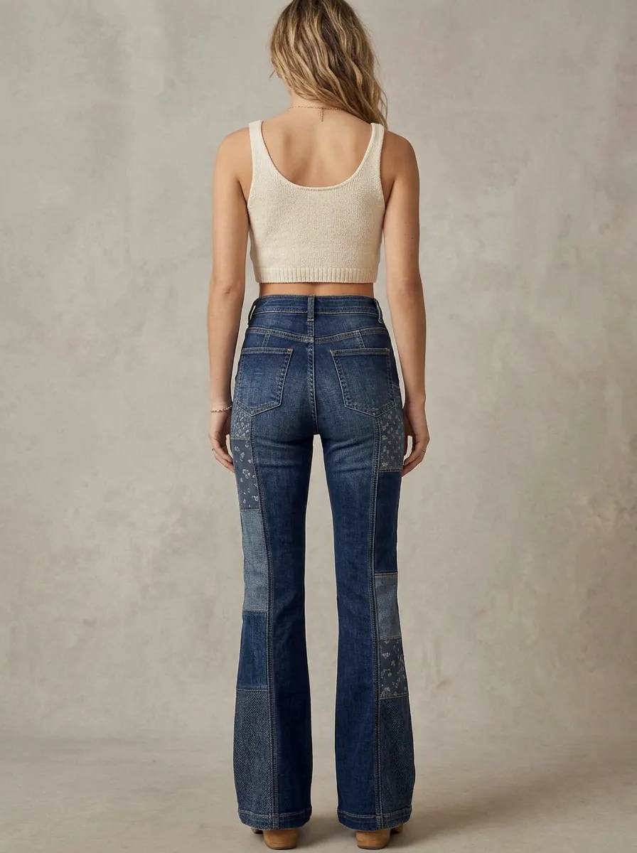 Women's Vintage Patchwork Floral Printed Flare Jeans