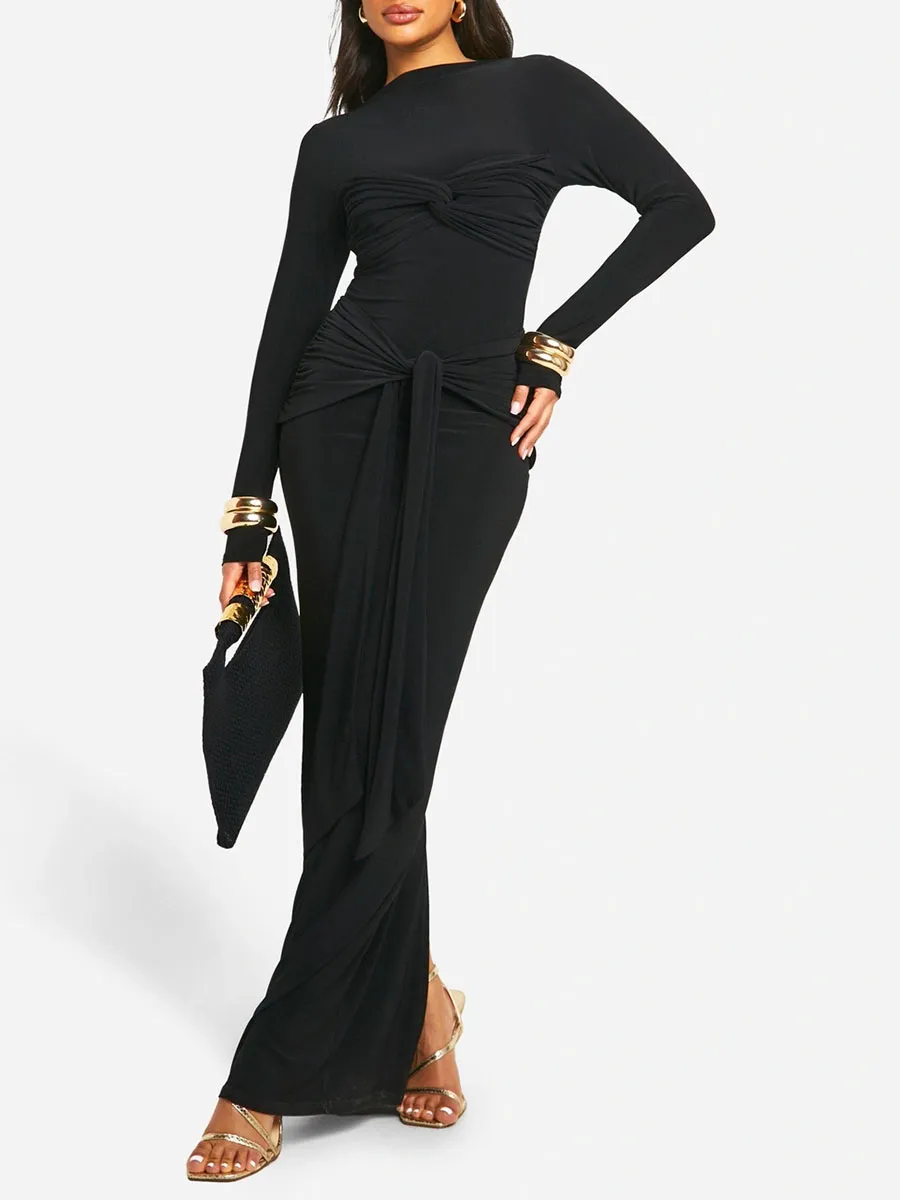 Women's Black Knot-Tie Long-Sleeve Maxi Dress