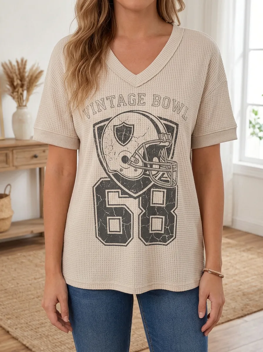 Women's Vintage Bowl Football 68 Printed Waffle Knit Top