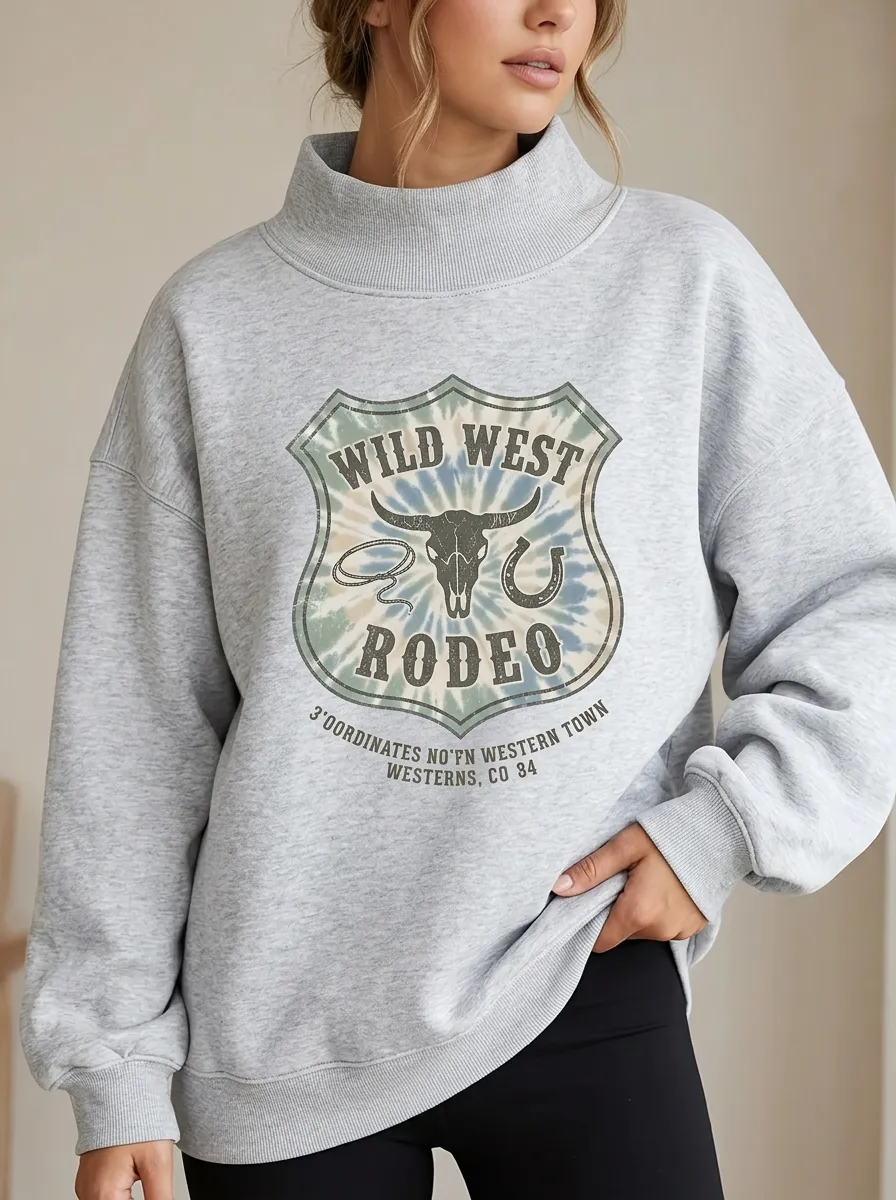 Wild West Rodeo Cow Skull Tie Dye Mock Neck Sweatshirt