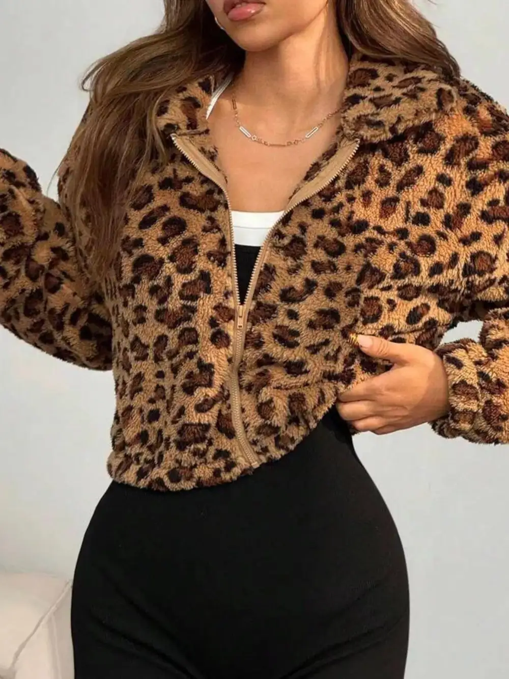 Leopard Print Fuzzy Cropped Jacket