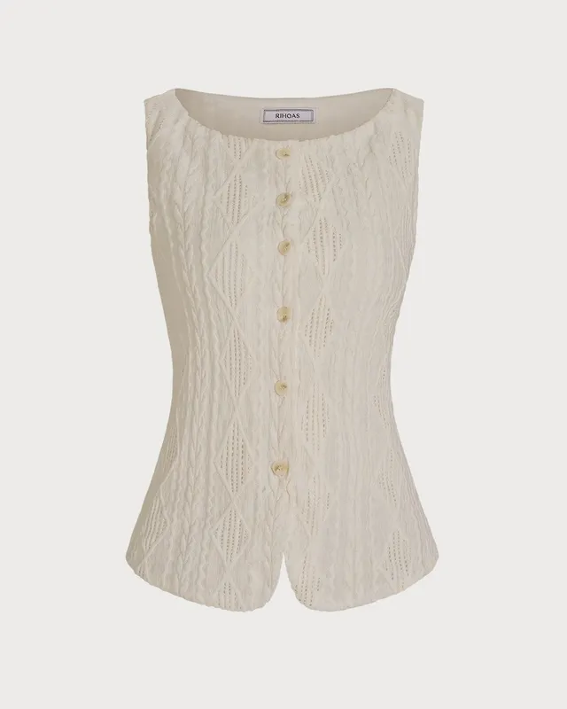 Beige Boat Neck Button Tank Top