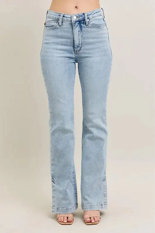 Full Size Tummy Control Vintage Wash Side Slit Slim Boot Jeans Plus Size