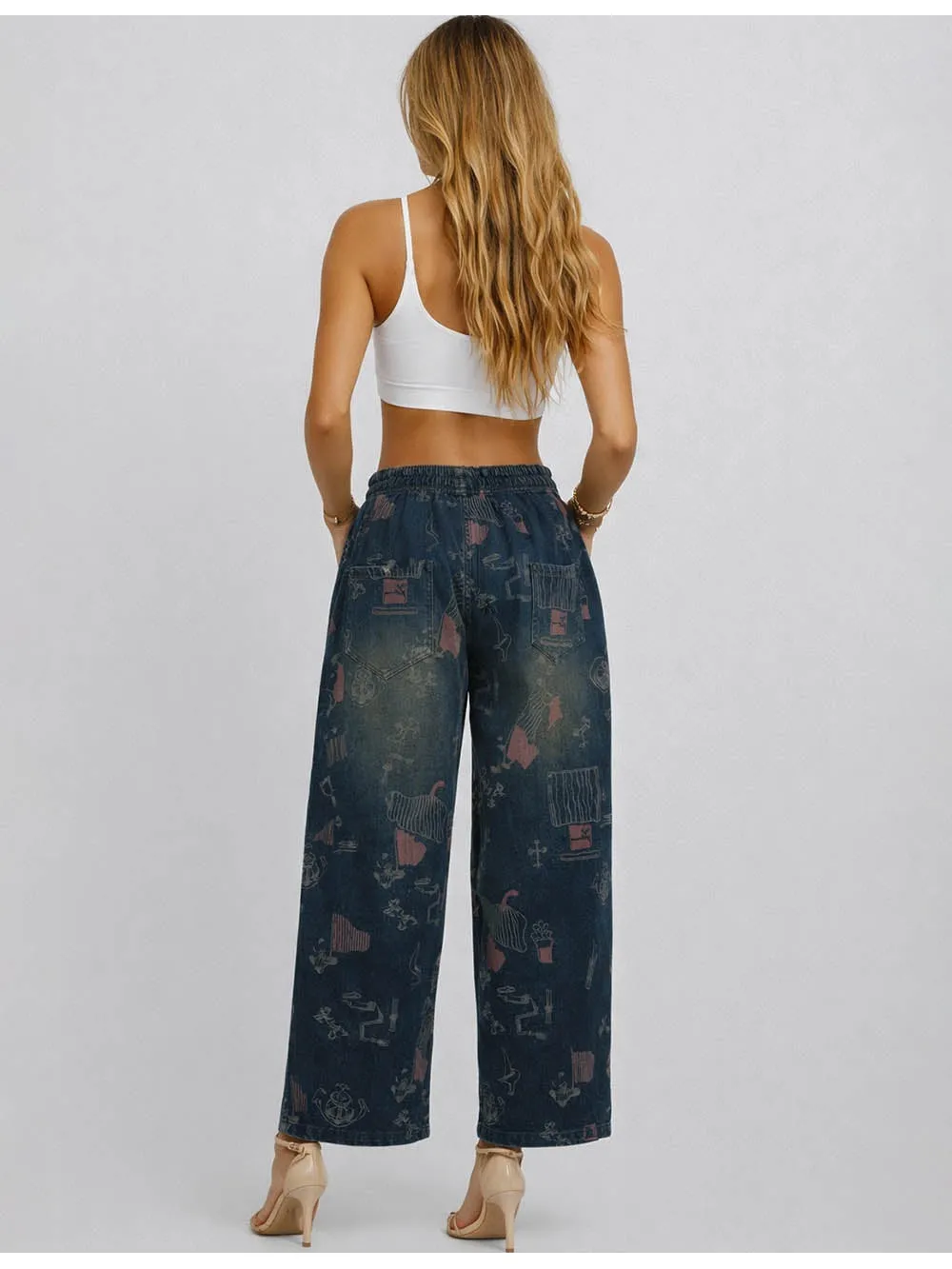 Graphic Elastic Waist Barrel Leg Denim Pants
