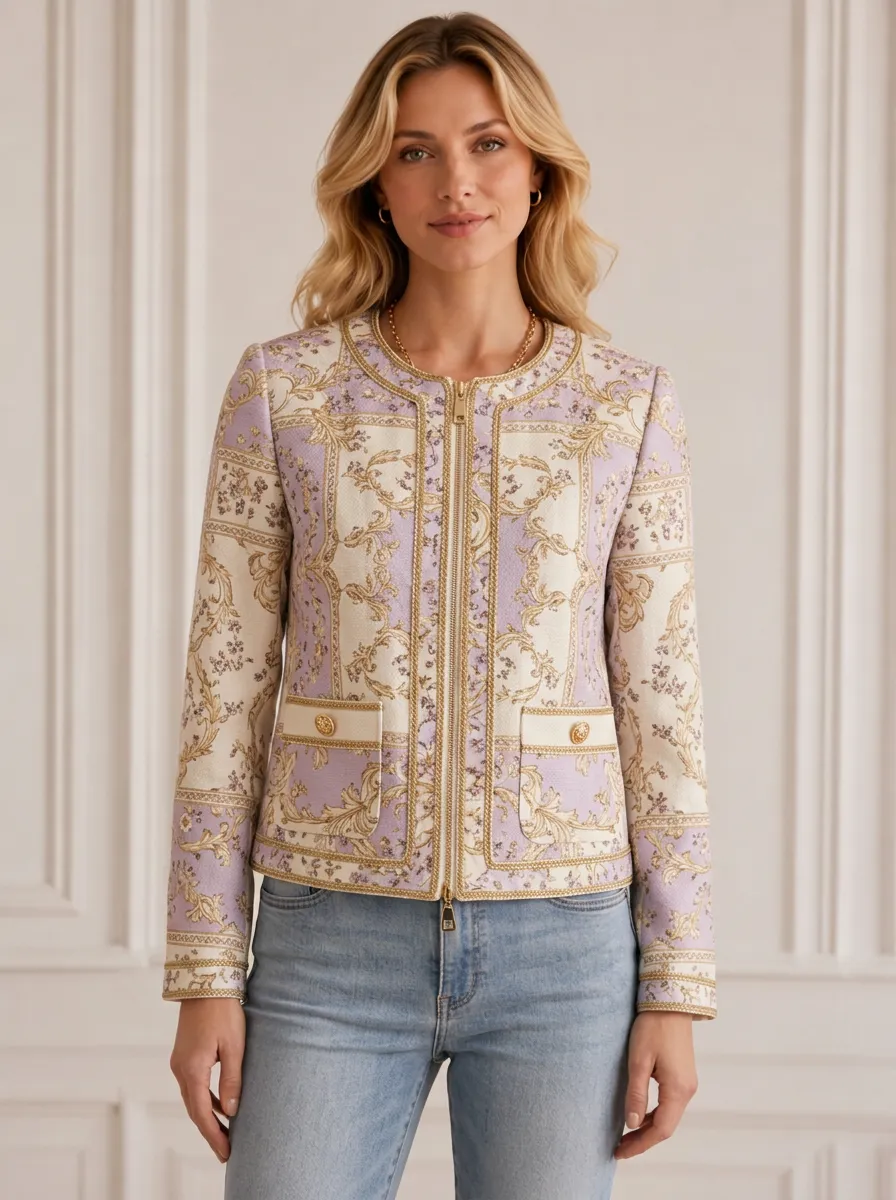 Women's Vintage Floral Baroque Flap Pocket Zip Jacket