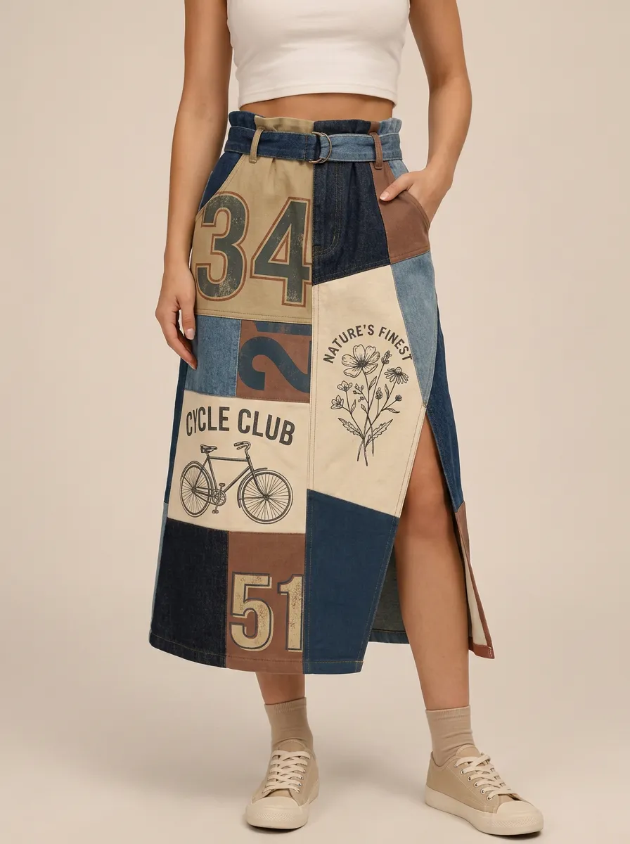 Women's Vintage Cycle Club Nature Floral Printed Patchwork Denim Midi Skirt
