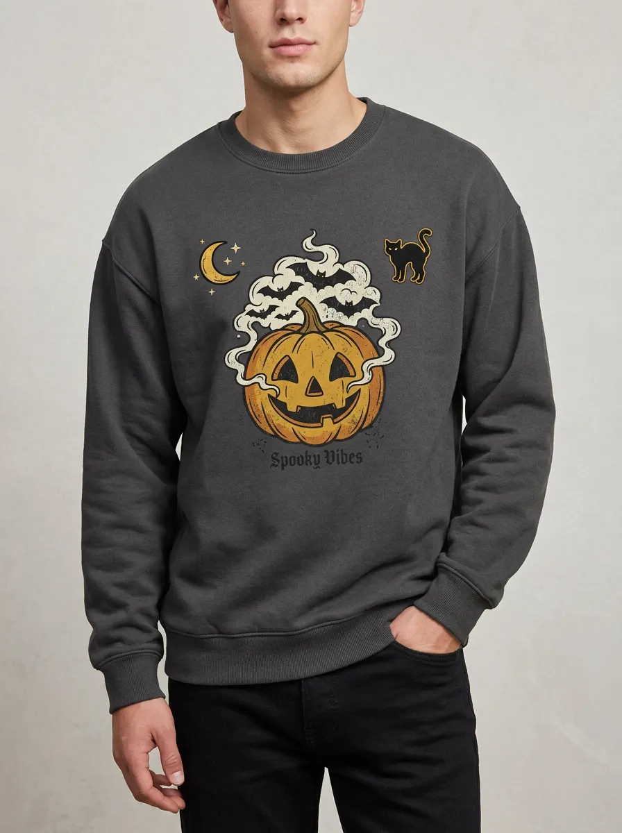 Men's Halloween Spooky Vibes Pumpkin Cat Moon Sweatshirt