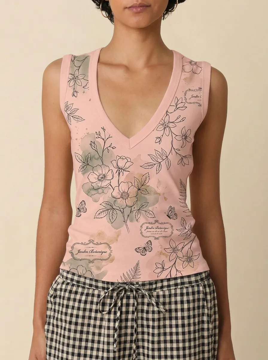 Women's Botanical Garden Butterfly Floral Printed V-neck Tank Top