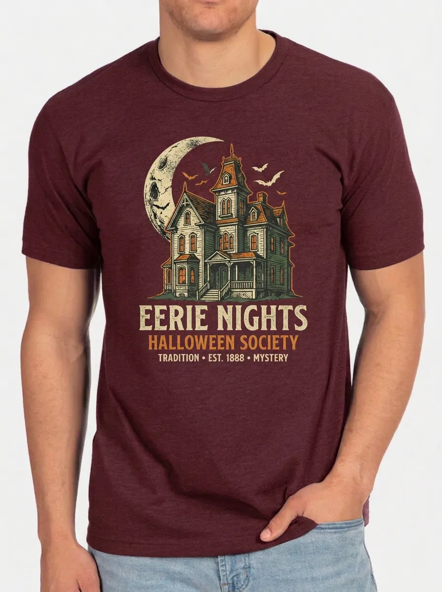 Men's Halloween Haunted House Moon Bats Printed T-shirt